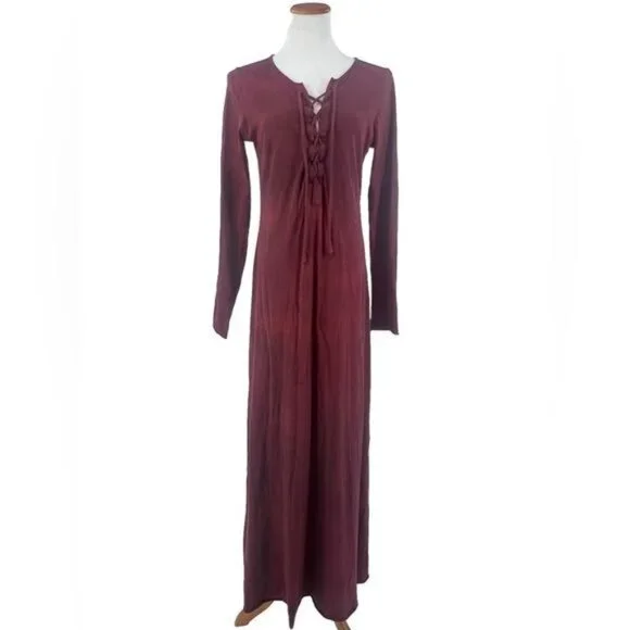 Free People Burgundy Lace Up Long Sleeve Jersey Maxi Dress - Picture 13 of 16